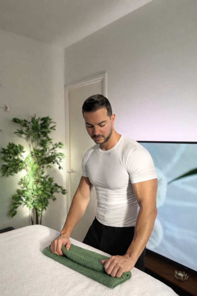 Therapist preparing the table for a relaxing massage